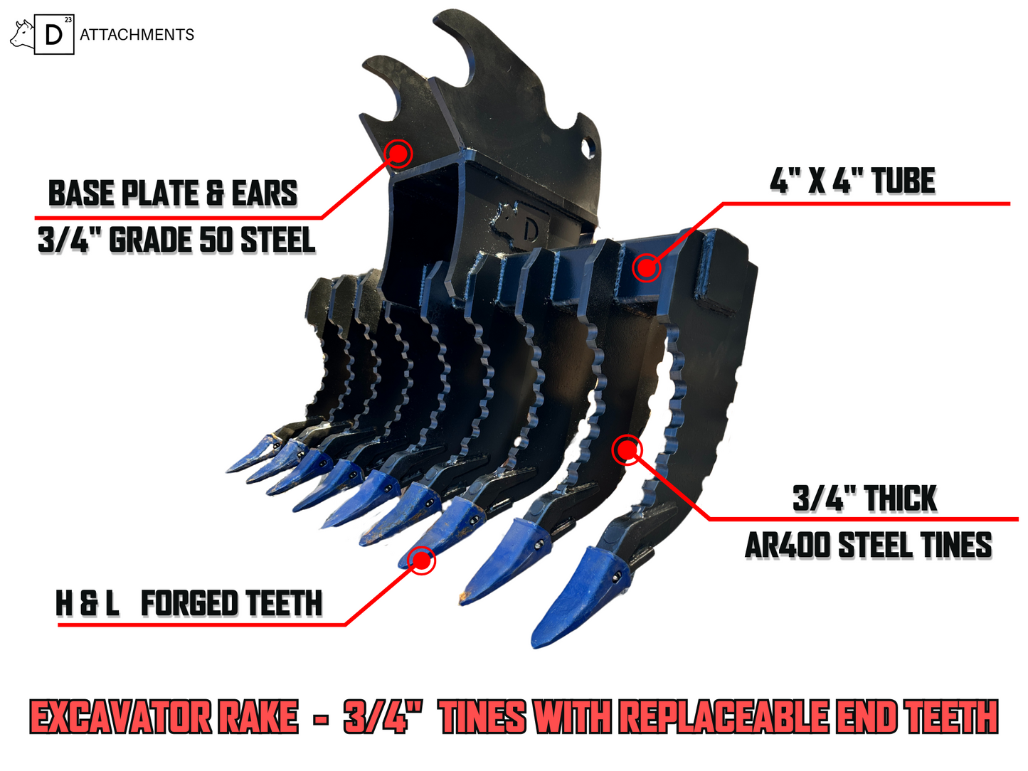 Excavator Land Clearing Rake - 3/4" Tines With Replaceable Teeth (4-10 Ton Machines)