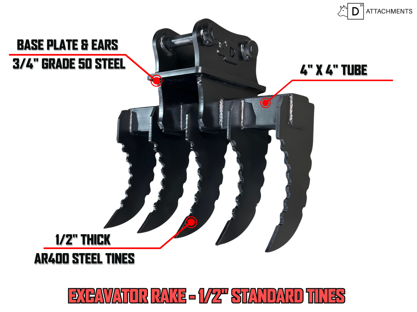 Excavator Land Clearing Rake - 1/2" Tines (1-4 Ton Machines)