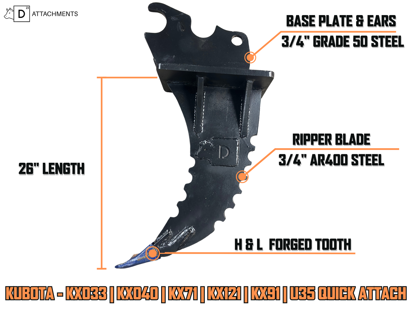 Kubota Root Ripper/Frost Ripper - KX040 | KX033 | KX71 | KX91 | KX121 | U35 | M62 - Quick Attach