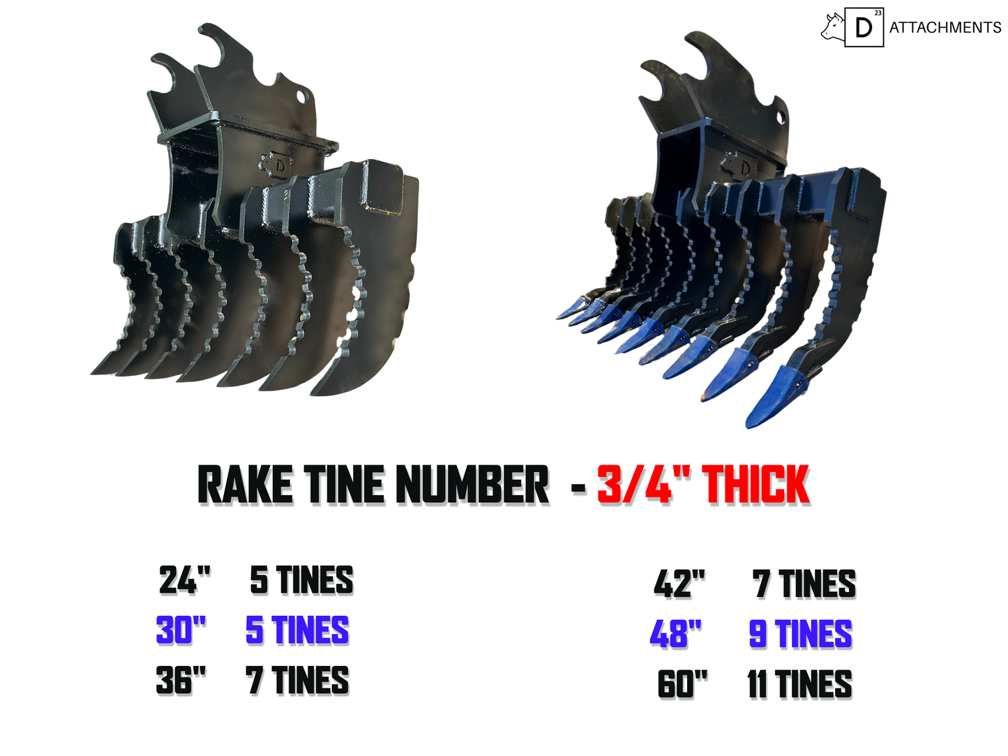 Excavator Land Clearing Rake - 3/4" Tines With Replaceable Teeth (4-10 Ton Machines)
