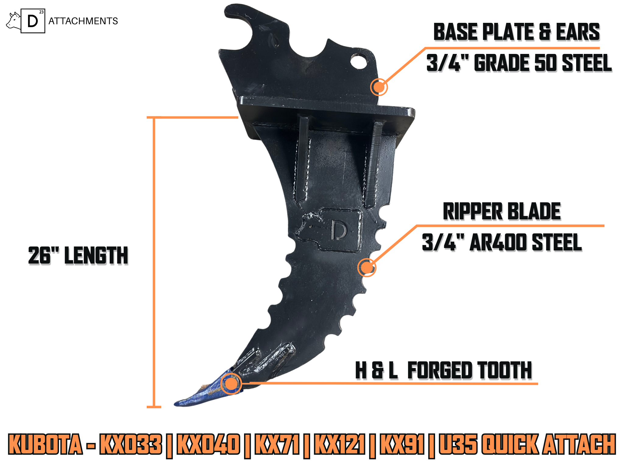 Root Ripper for Kubota Excavator | Fits - KX040, KX033, U35, KX71, KX91, KX121, M62 Quick Attach-4